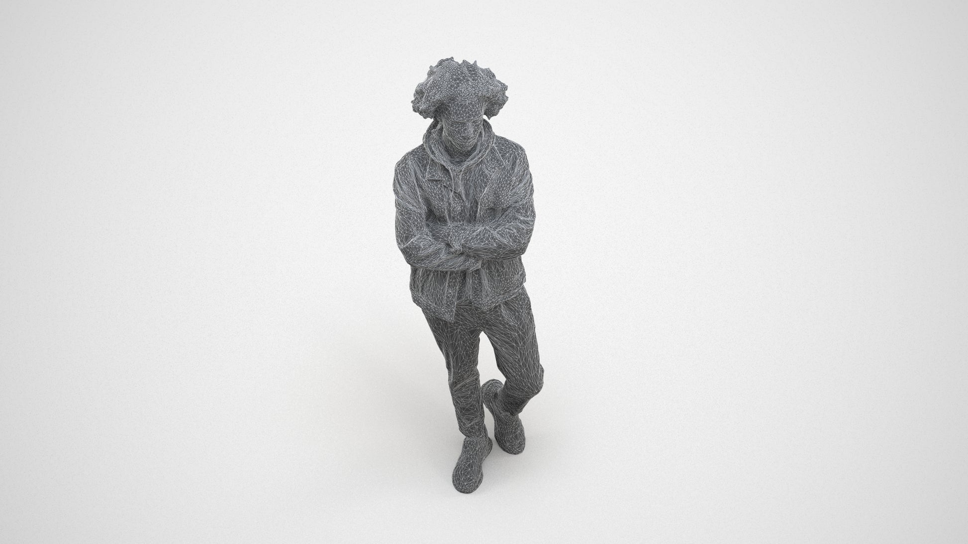 scanned 3D man casual standing, photogrammetry people for Enscape and V-Ray, wireframe three-quarter view