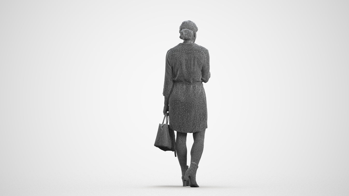 realistic 3D woman casual walking, scanned archviz people for Blender and 3ds Max, wireframe front view