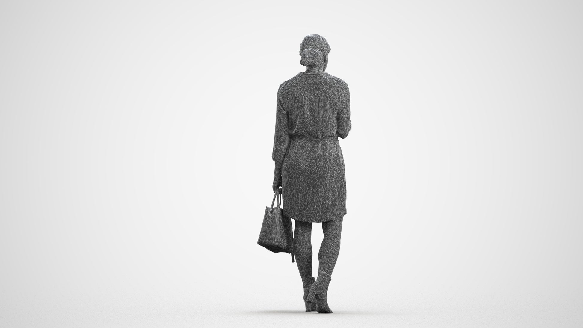 realistic 3D woman casual walking, scanned archviz people for Blender and 3ds Max, wireframe front view