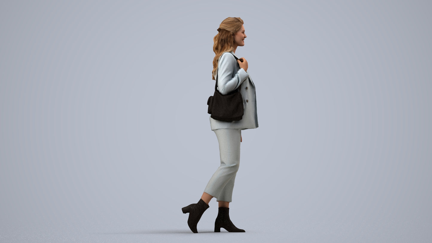 3D people model woman business walking, scanned human for 3ds Max rendering, side view render