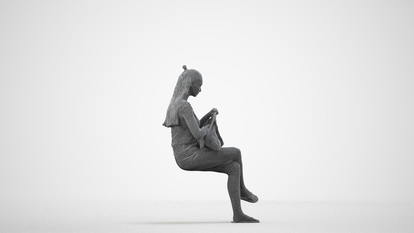 photogrammetry 3D girl casual sitting, realistic human model archviz FBX, wireframe side view