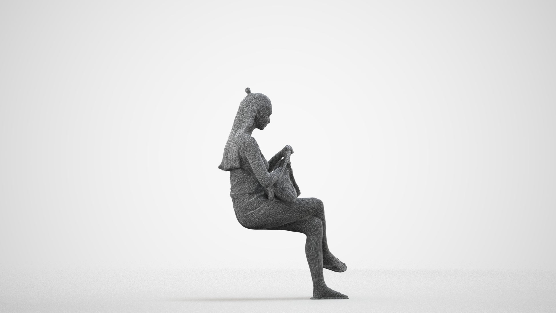 photogrammetry 3D girl casual sitting, realistic human model archviz FBX, wireframe side view