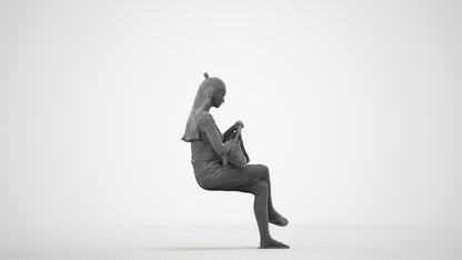 photogrammetry 3D girl casual sitting, realistic human model archviz FBX, wireframe side view
