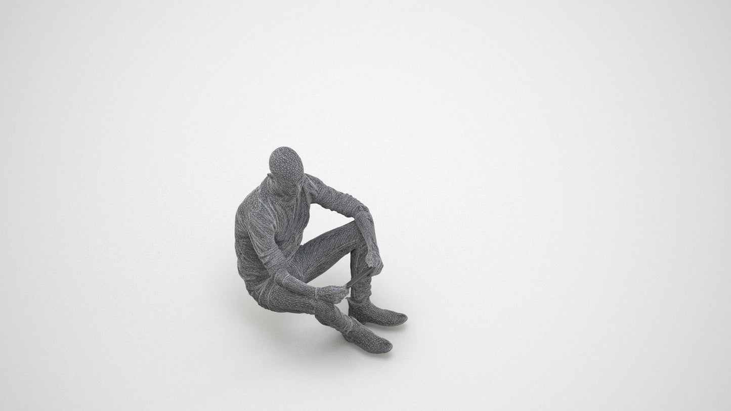 3D scanned man sitting casual, photorealistic archviz people for Enscape and SketchUp, wireframe three-quarter view