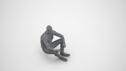 3D scanned man sitting casual, photorealistic archviz people for Enscape and SketchUp, wireframe three-quarter view