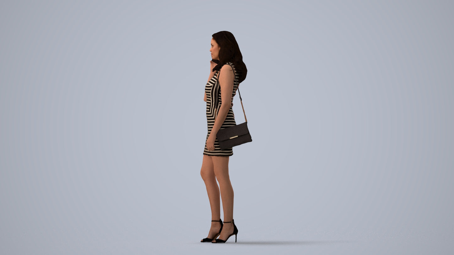 3D human model woman casual standing, photogrammetry scanned person for archviz, three-quarter view render