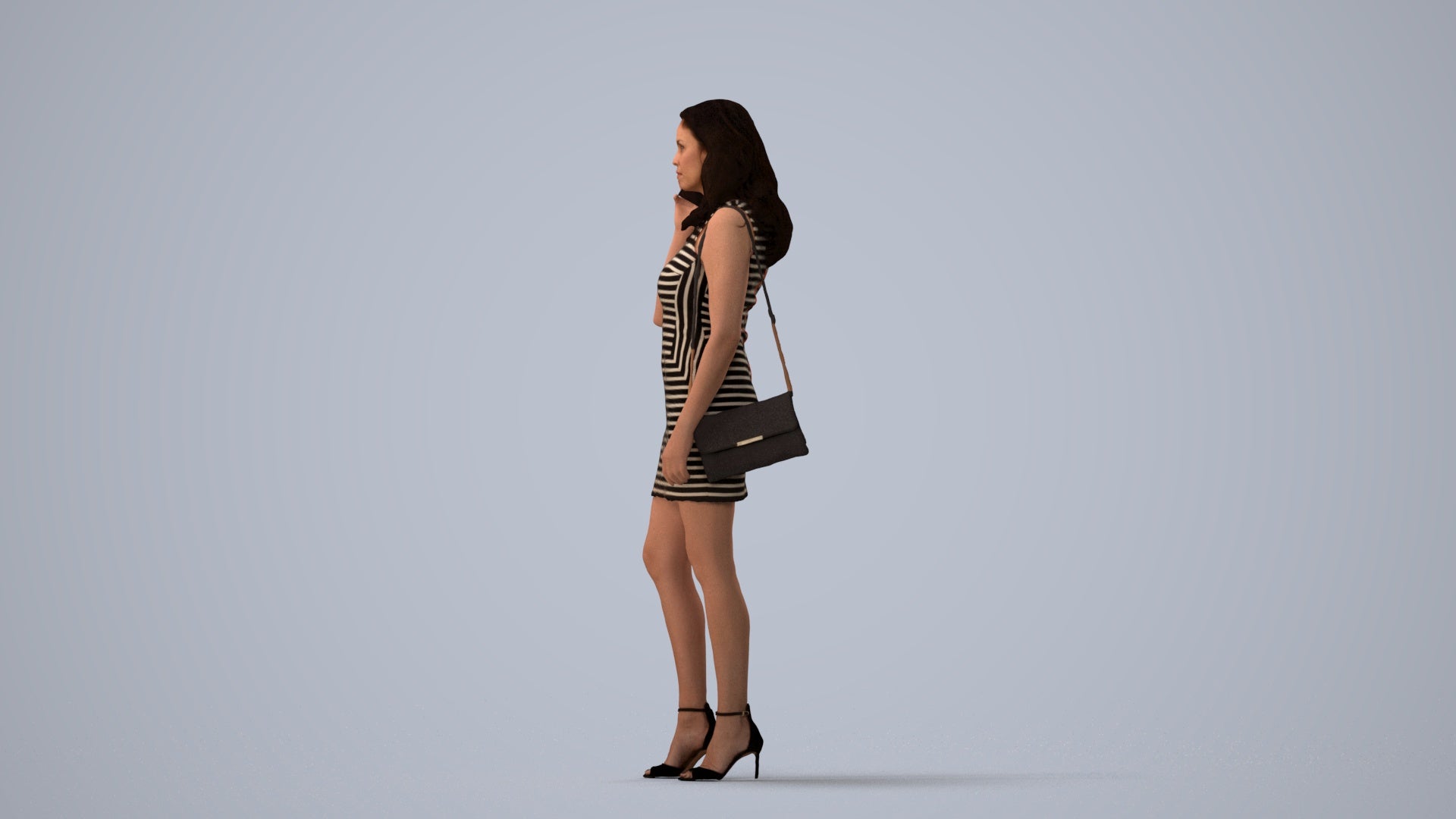 3D human model woman casual standing, photogrammetry scanned person for archviz, three-quarter view render
