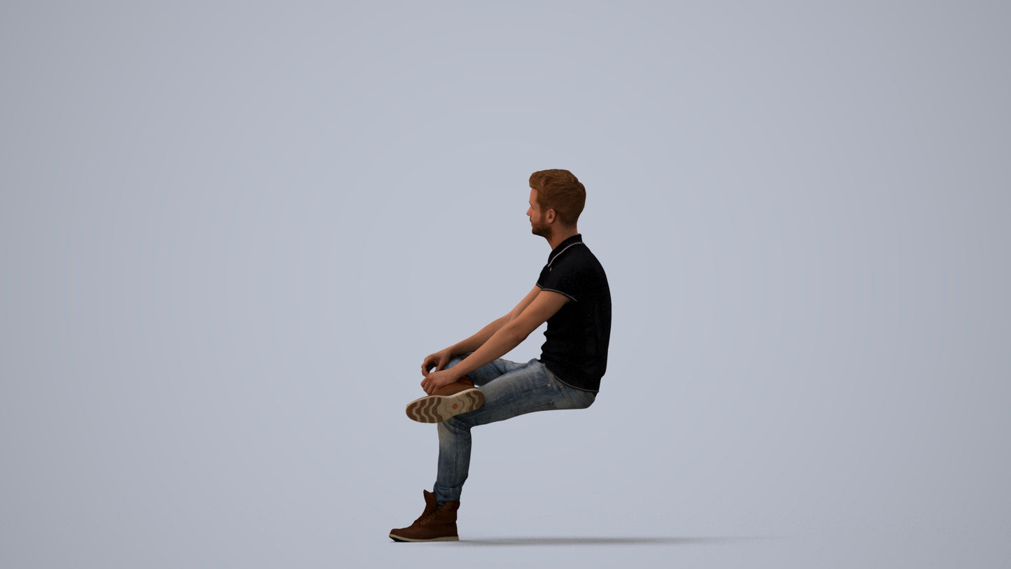 realistic 3D man casual sitting, scanned archviz people for Blender and 3ds Max, three-quarter view render