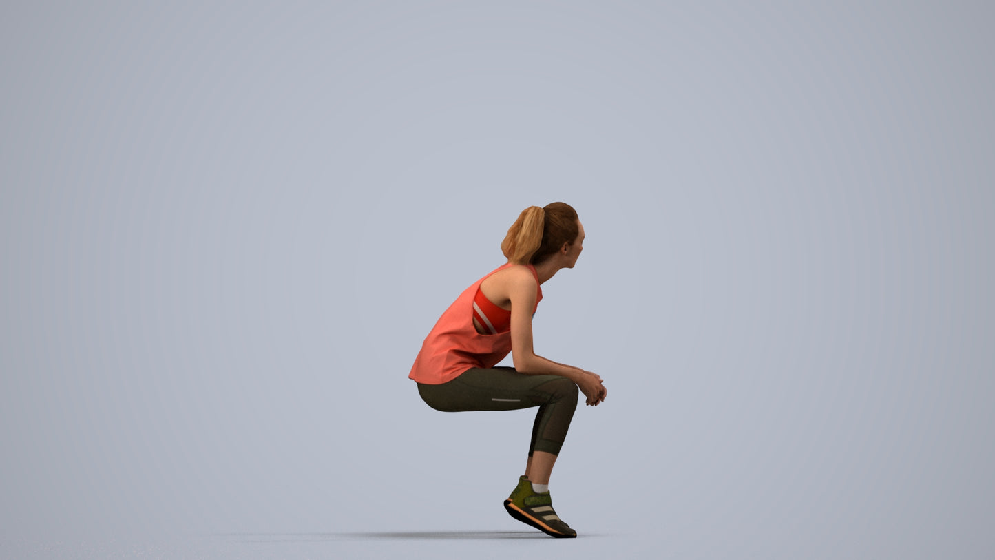 3D human model woman sport, photogrammetry scanned person for archviz, side view render