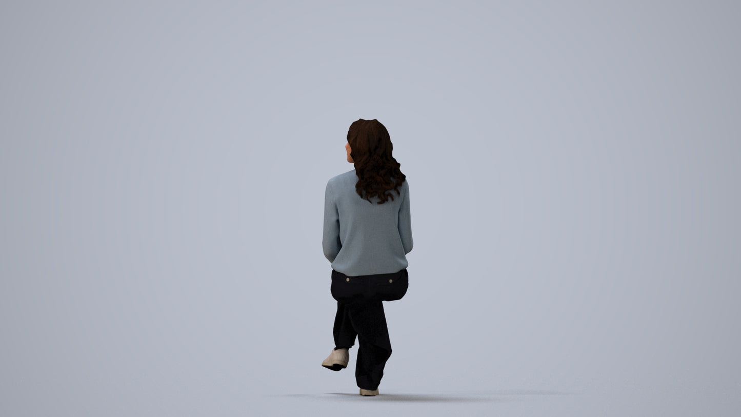 3D human model woman casual sitting, photogrammetry scanned person for archviz, three-quarter view render