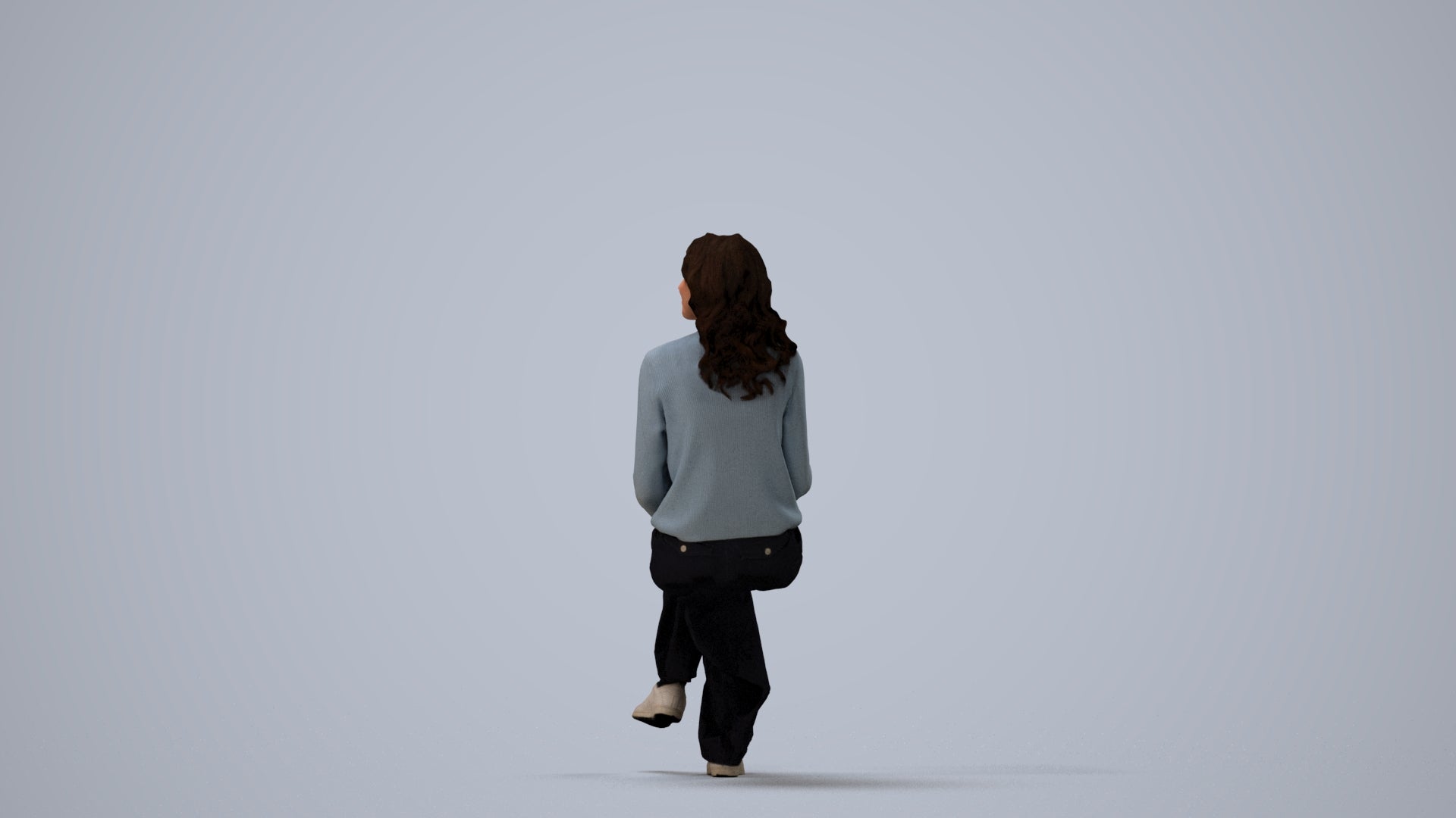 3D human model woman casual sitting, photogrammetry scanned person for archviz, three-quarter view render