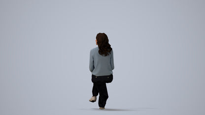 3D human model woman casual sitting, photogrammetry scanned person for archviz, three-quarter view render