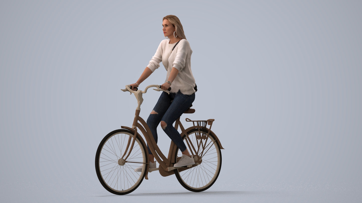 realistic 3D woman casual cycling, scanned archviz people for Blender and 3ds Max, three-quarter view render