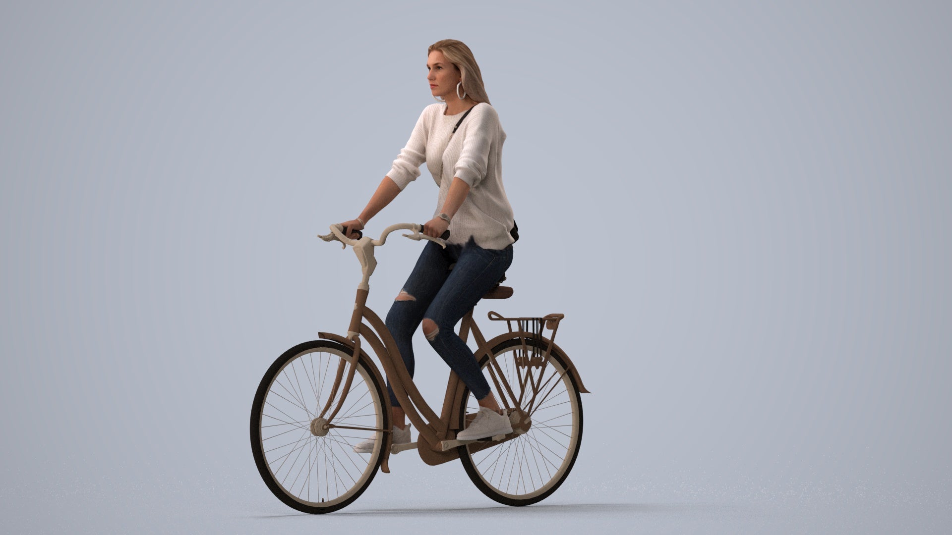 realistic 3D woman casual cycling, scanned archviz people for Blender and 3ds Max, three-quarter view render
