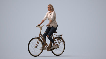 realistic 3D woman casual cycling, scanned archviz people for Blender and 3ds Max, three-quarter view render