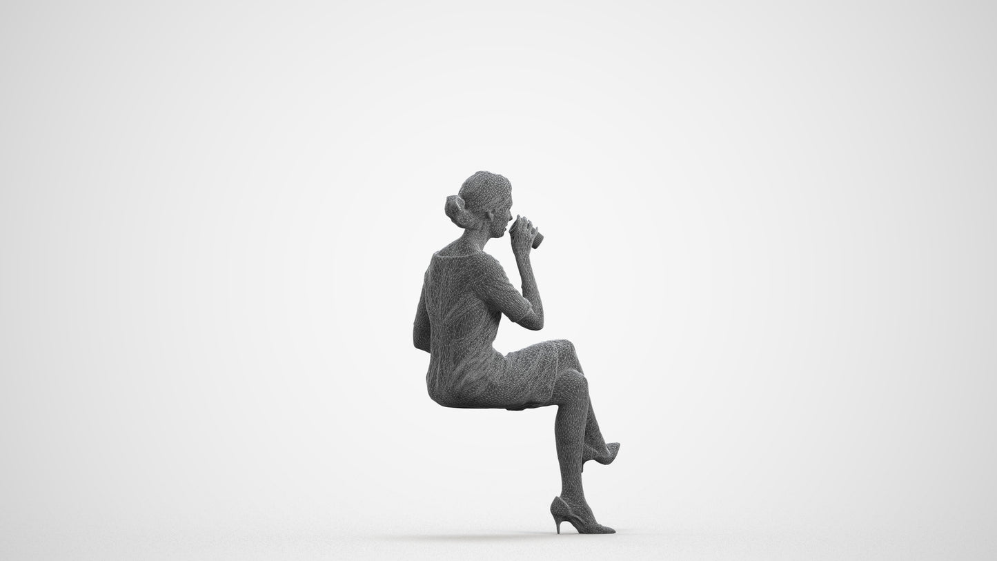 realistic 3D people woman casual sitting, render-ready for V-Ray and Corona, FBX OBJ, wireframe front view