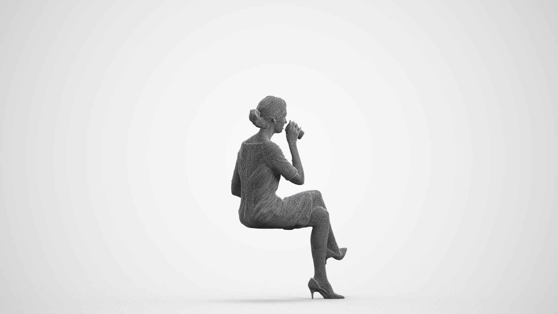realistic 3D people woman casual sitting, render-ready for V-Ray and Corona, FBX OBJ, wireframe front view