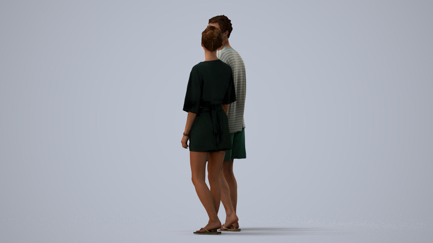 realistic 3D woman casual couple, scanned archviz people for Blender and 3ds Max, three-quarter view render