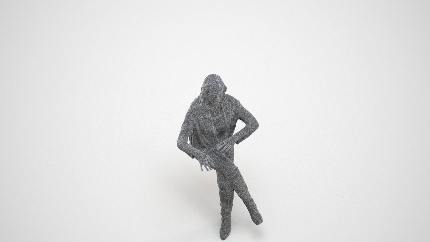 realistic 3D human woman casual sitting, archviz people FBX OBJ for Blender, wireframe three-quarter view