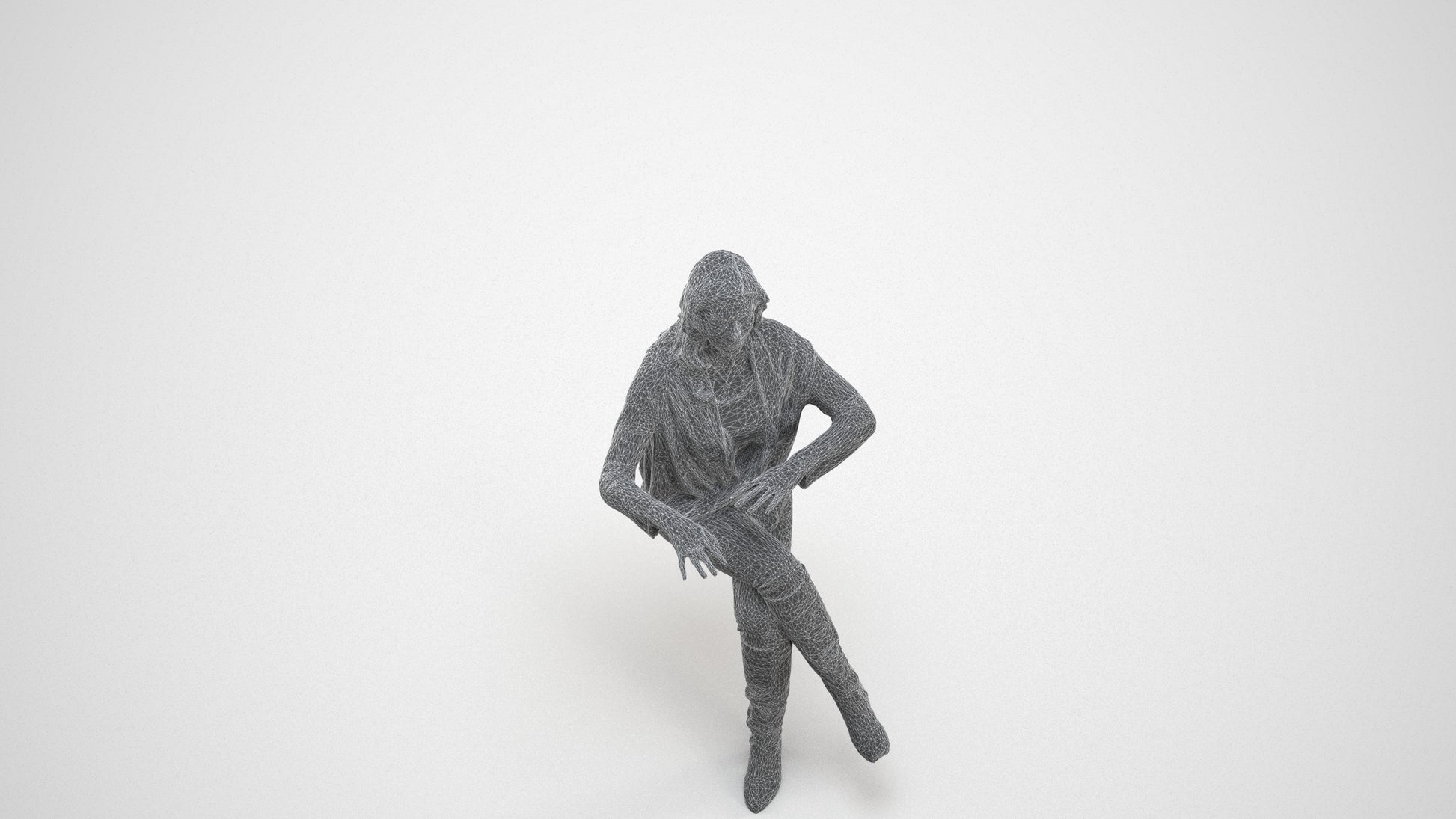 realistic 3D human woman casual sitting, archviz people FBX OBJ for Blender, wireframe three-quarter view