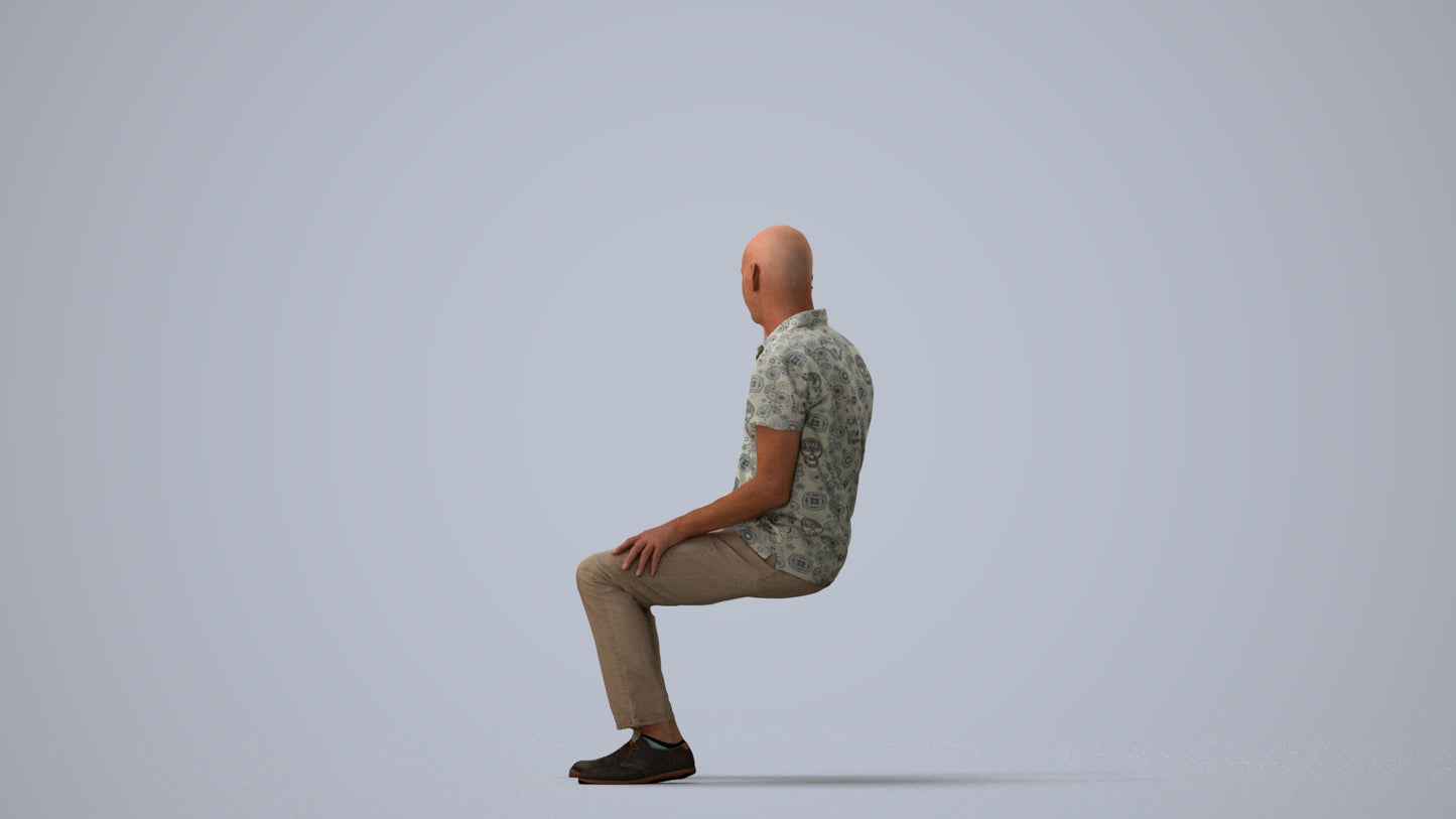 3D scanned senior man sitting casual, photorealistic archviz people for Enscape and SketchUp, three-quarter view render