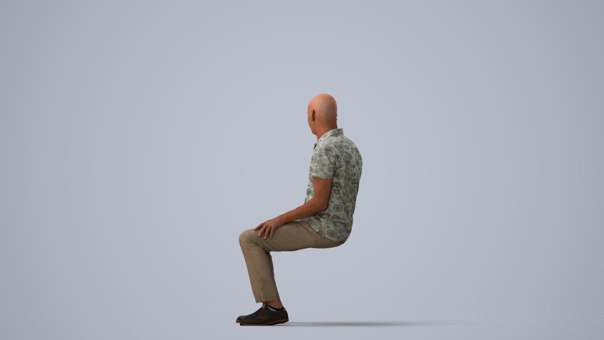 3D scanned senior man sitting casual, photorealistic archviz people for Enscape and SketchUp, three-quarter view render