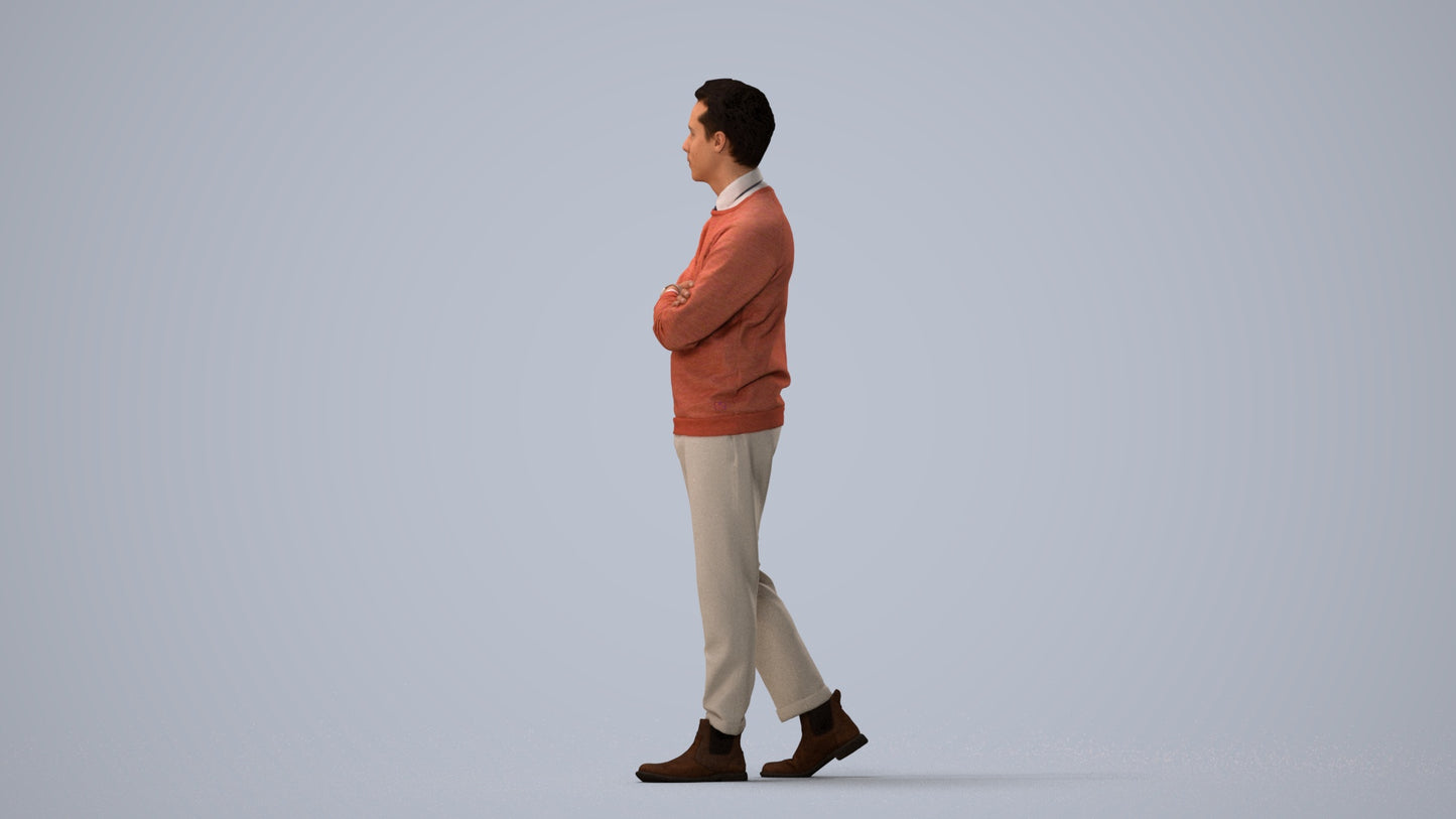 3D people model man casual walking, scanned human for 3ds Max rendering, three-quarter view render