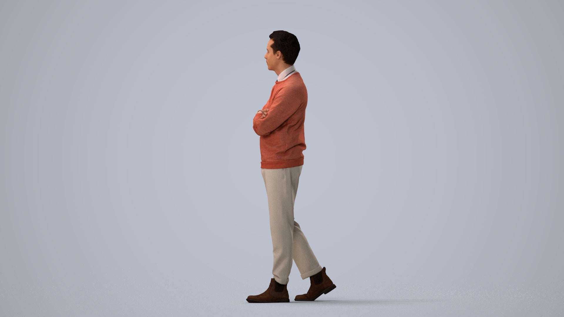 3D people model man casual walking, scanned human for 3ds Max rendering, three-quarter view render