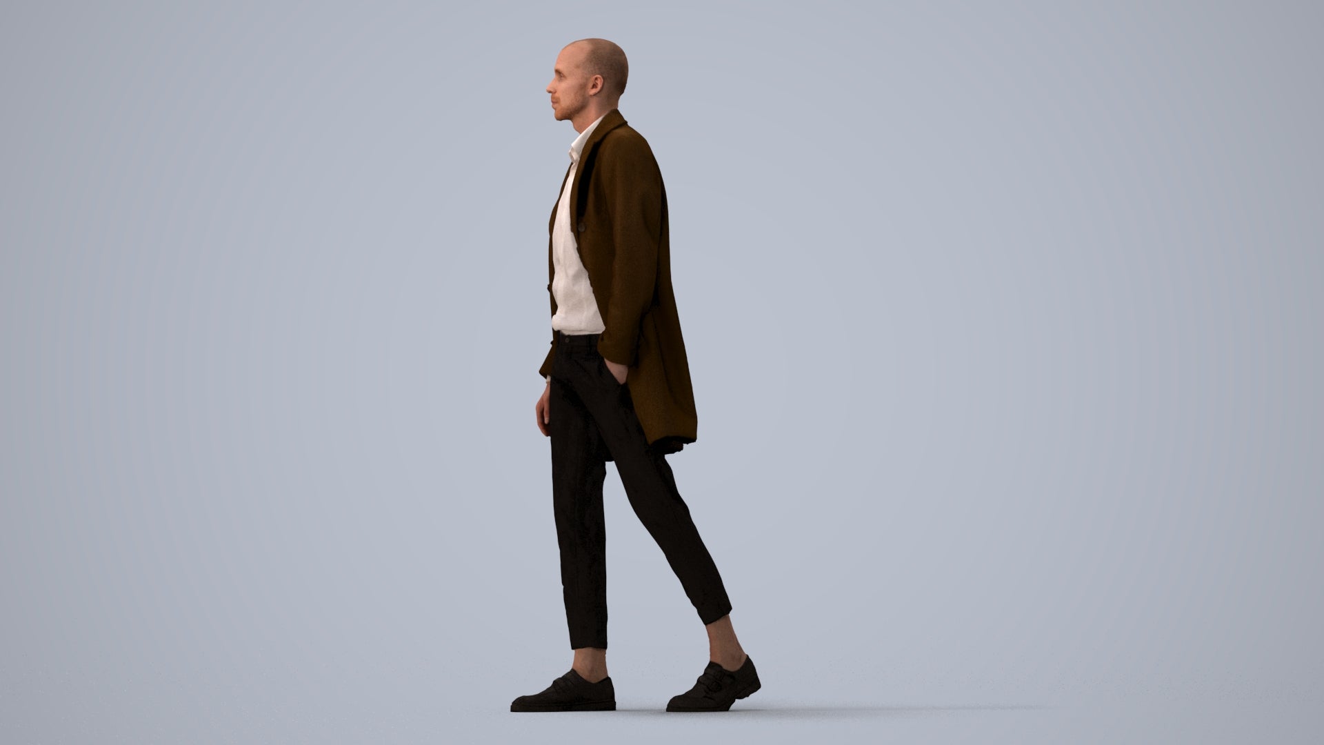 photogrammetry 3D man business walking, realistic human model archviz FBX, three-quarter view render
