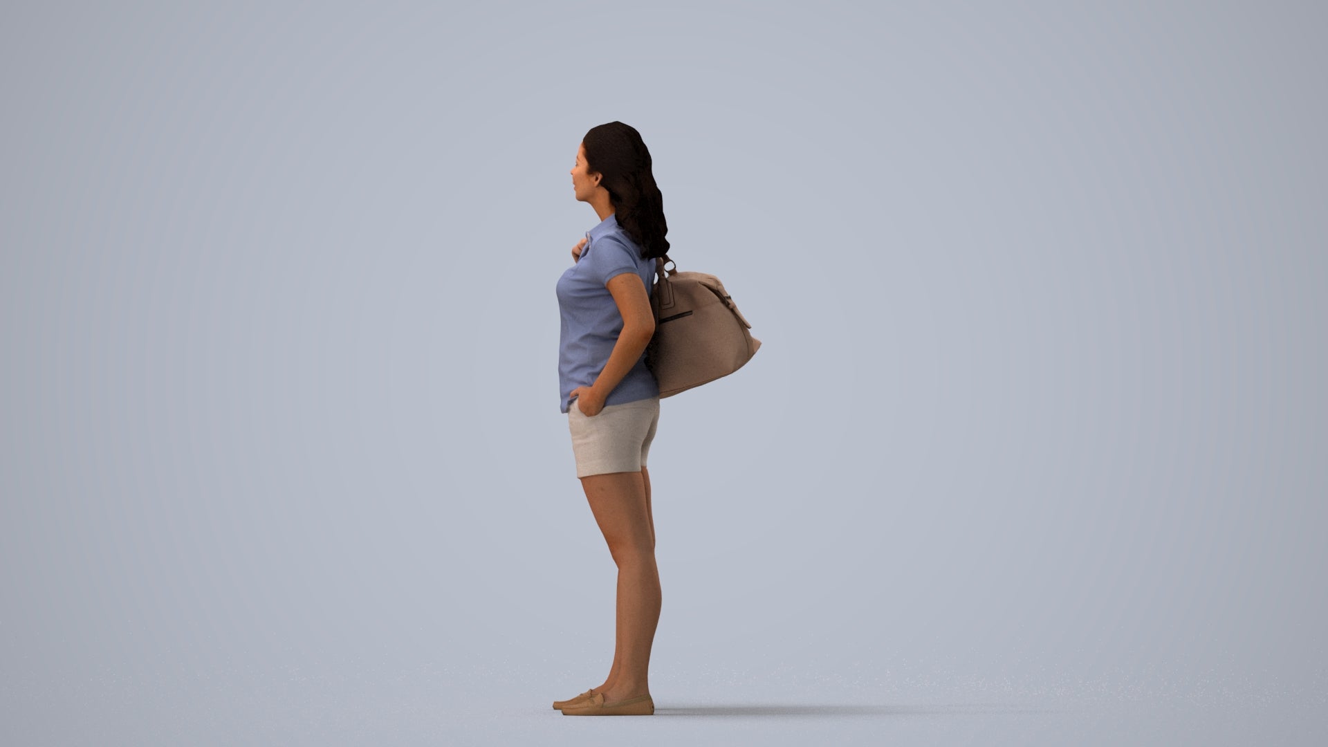 scanned 3D woman casual standing, photogrammetry people for Enscape and V-Ray, three-quarter view render