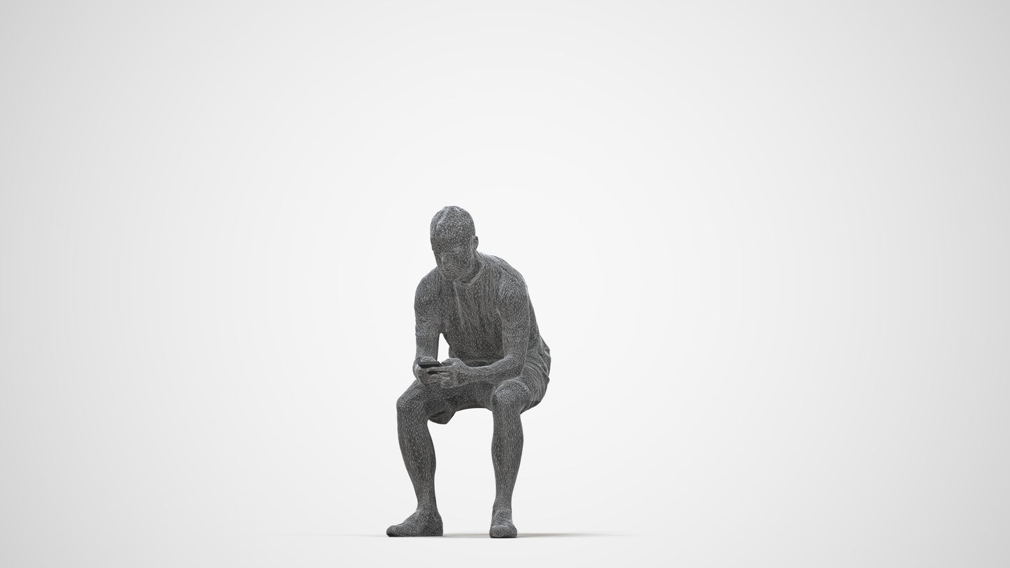 realistic 3D human man casual sitting, archviz people FBX OBJ for Blender, wireframe back view