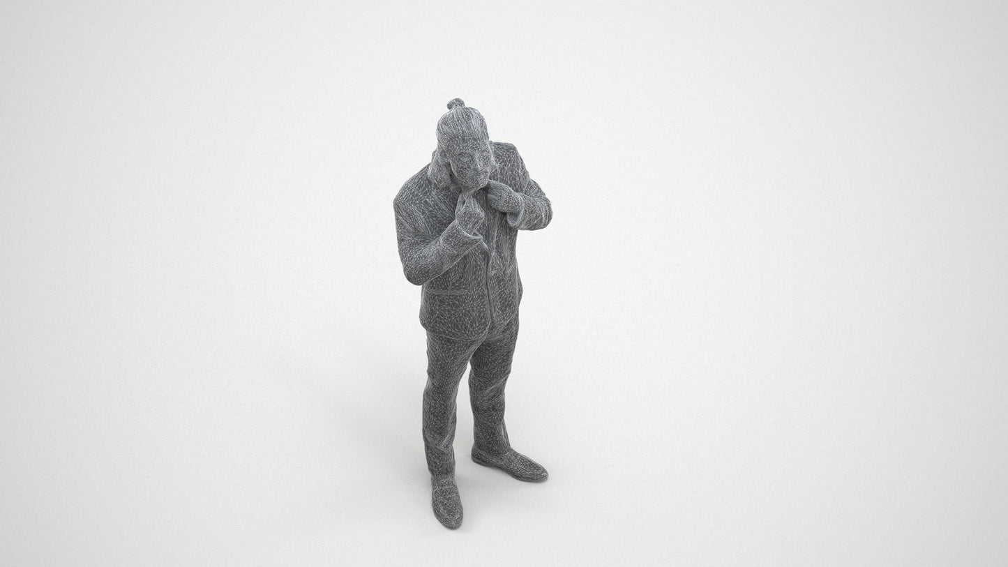 3D human model man formal cycling, photogrammetry scanned person for archviz, wireframe three-quarter view