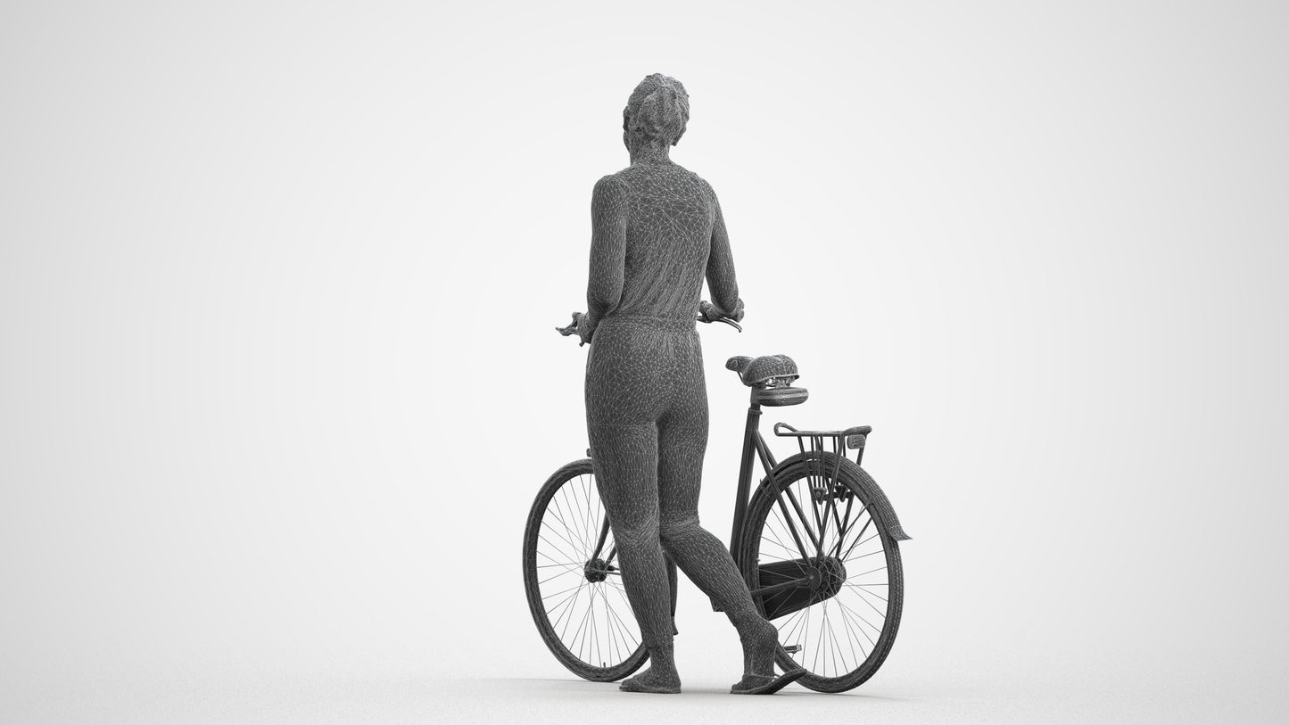 3D people model woman casual cycling, scanned human for 3ds Max rendering, wireframe front view