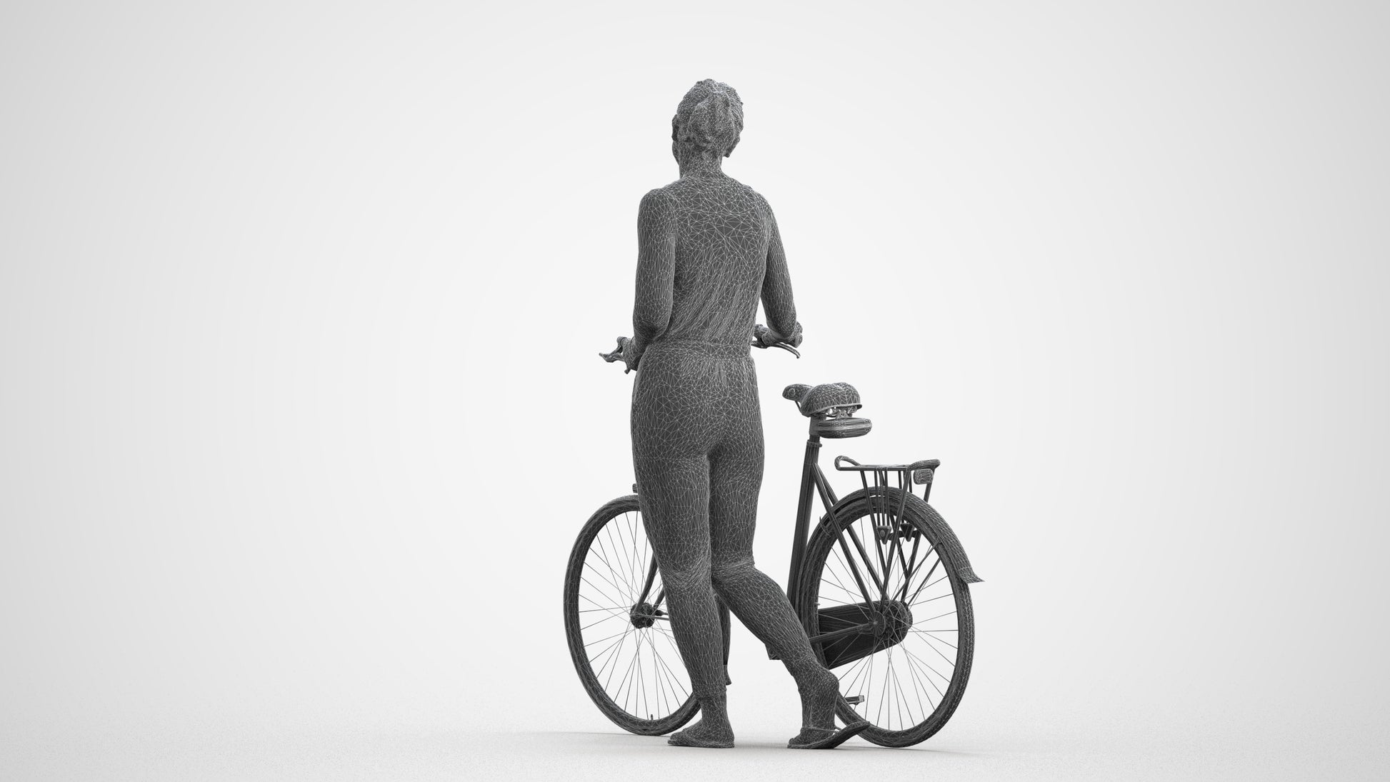 3D people model woman casual cycling, scanned human for 3ds Max rendering, wireframe front view