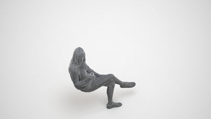 3D scanned woman sitting casual, photorealistic archviz people for Enscape and SketchUp, wireframe three-quarter view