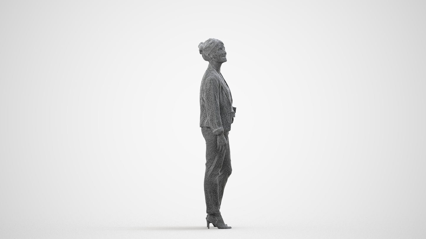 realistic 3D woman business standing, scanned archviz people for Blender and 3ds Max, wireframe side view