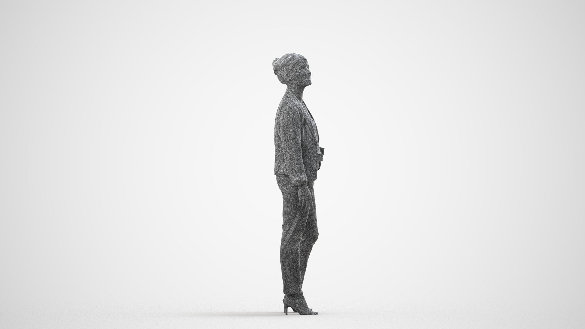 realistic 3D woman business standing, scanned archviz people for Blender and 3ds Max, wireframe side view