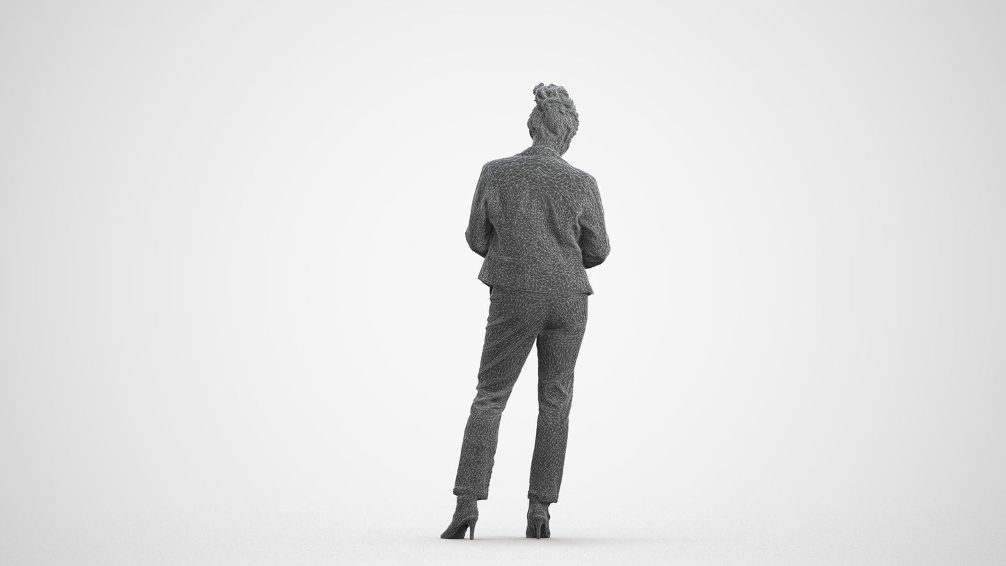 3D people model woman business standing, scanned human for 3ds Max rendering, wireframe front view