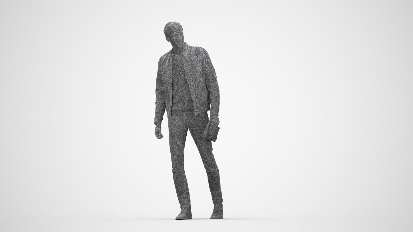 3D people model man casual walking, scanned human for 3ds Max rendering, wireframe back view