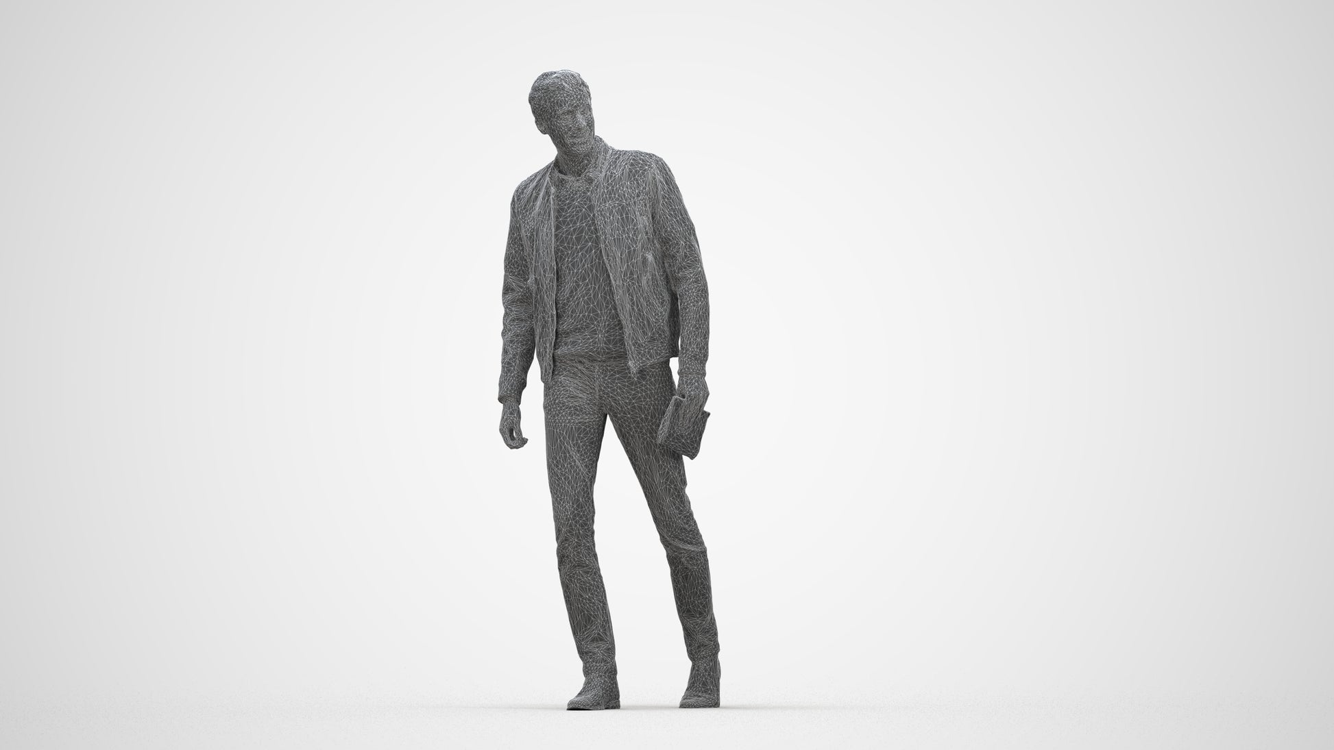 3D people model man casual walking, scanned human for 3ds Max rendering, wireframe back view