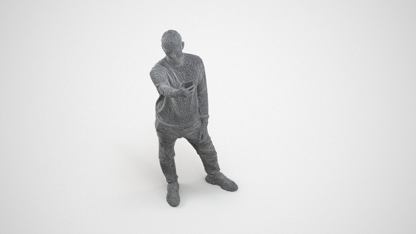 3D scanned man standing casual, photorealistic archviz people for Enscape and SketchUp, wireframe three-quarter view