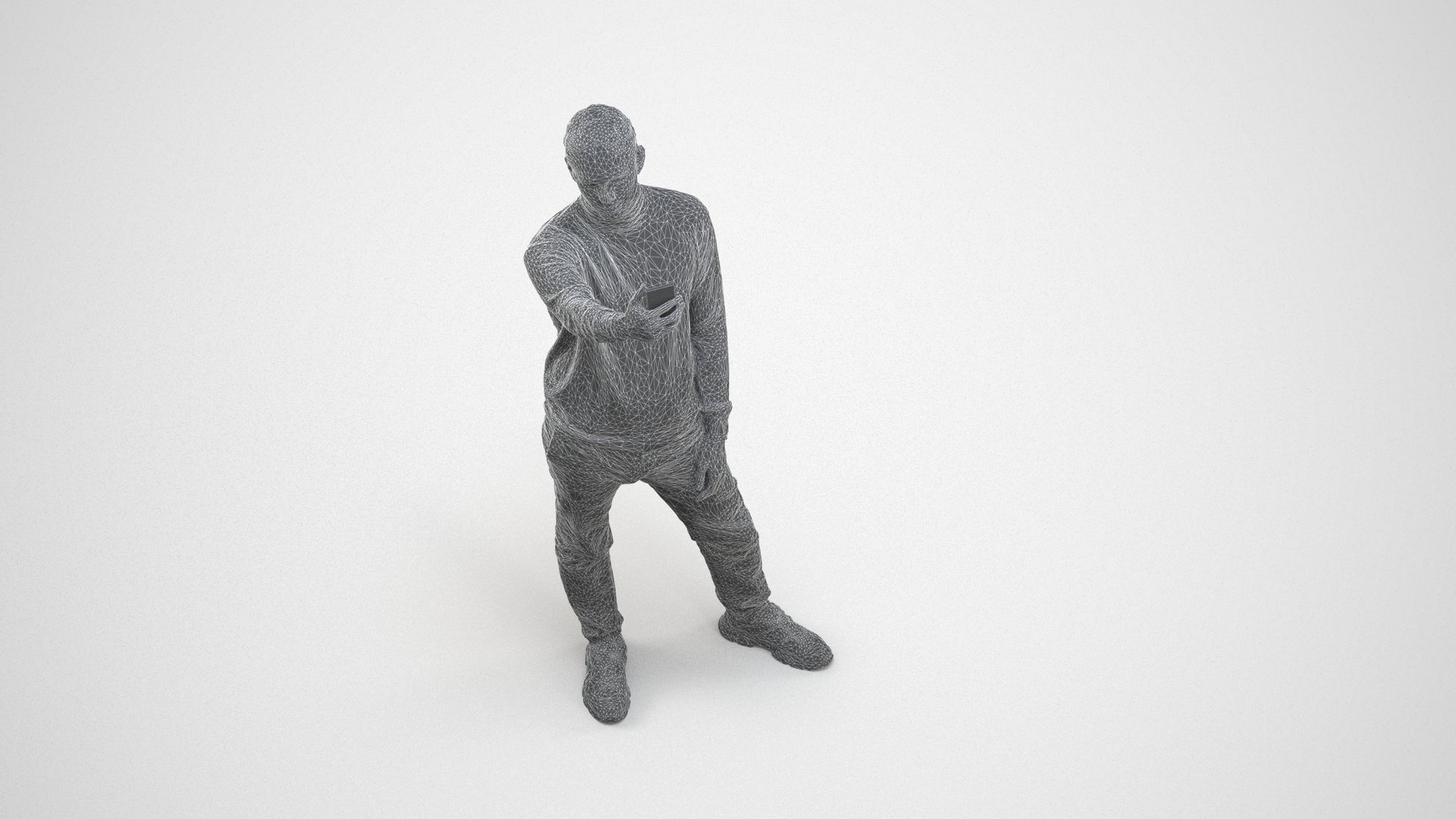 3D scanned man standing casual, photorealistic archviz people for Enscape and SketchUp, wireframe three-quarter view