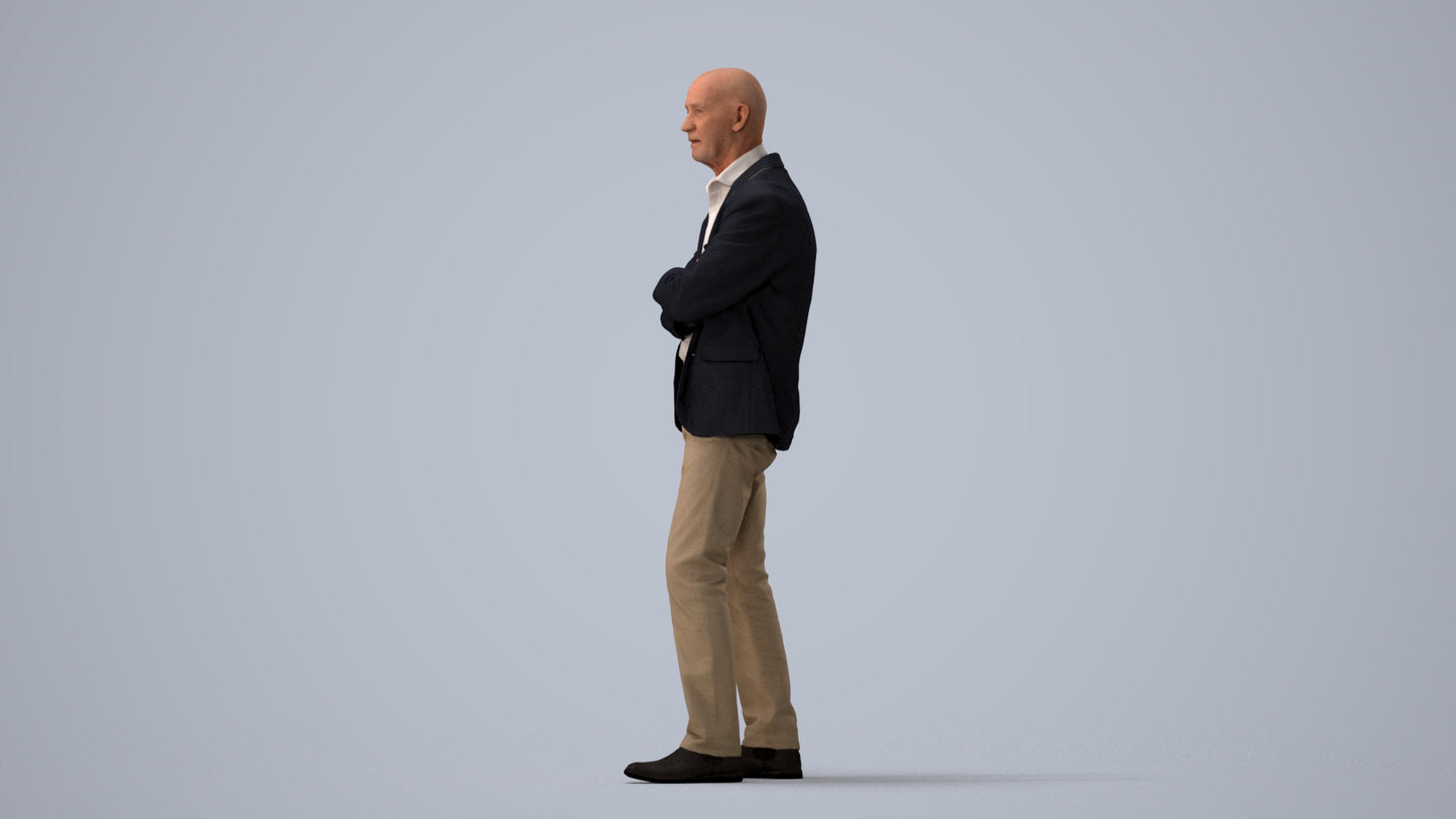3D human model senior man business, photogrammetry scanned person for archviz, three-quarter view render