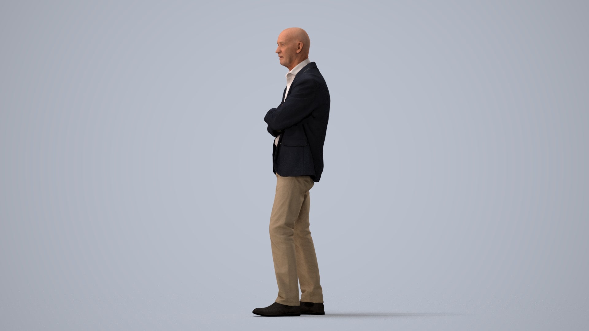 3D human model senior man business, photogrammetry scanned person for archviz, three-quarter view render