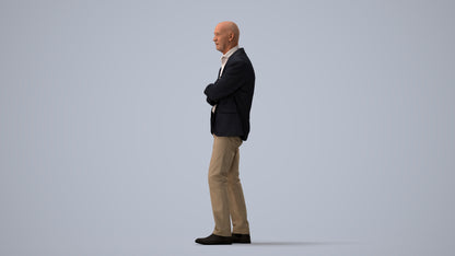 3D human model senior man business, photogrammetry scanned person for archviz, three-quarter view render