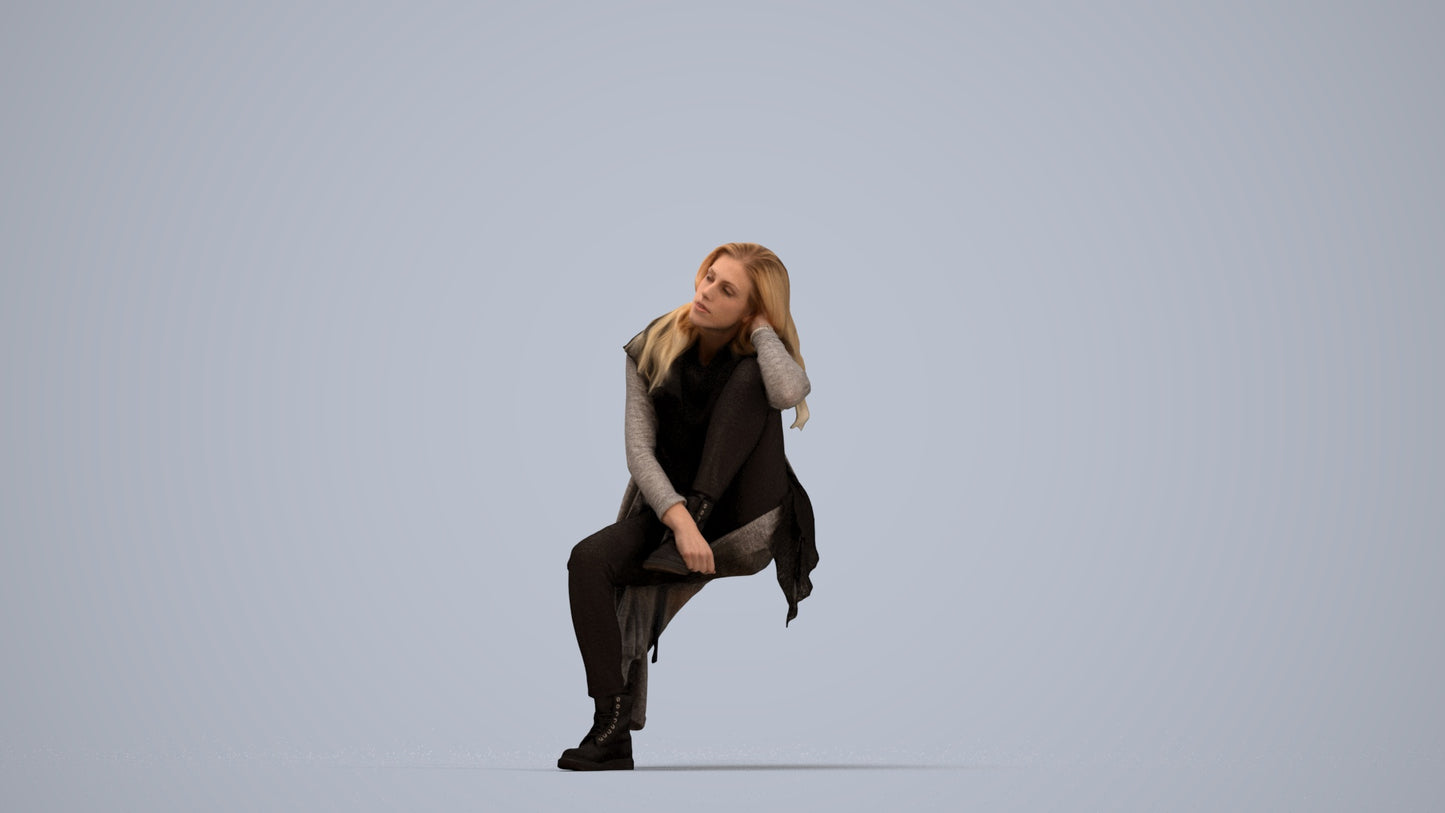 3D scanned woman sitting casual, photorealistic archviz people for Enscape and SketchUp, top-down view render