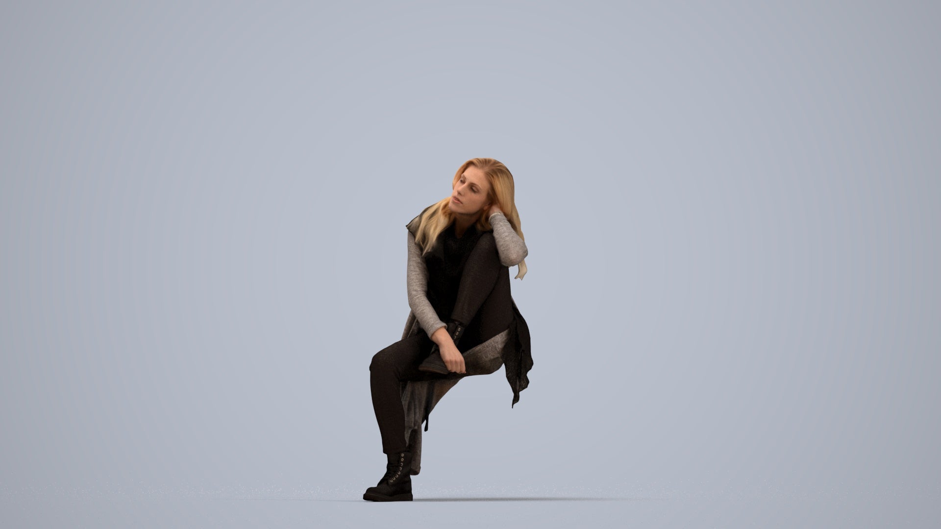 3D scanned woman sitting casual, photorealistic archviz people for Enscape and SketchUp, top-down view render