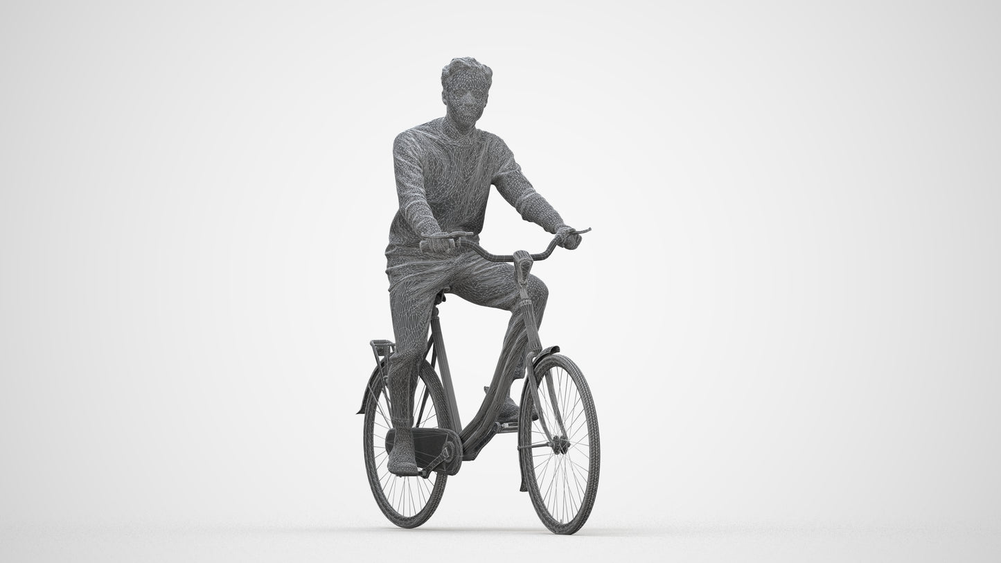 3D human model man casual cycling, photogrammetry scanned person for archviz, wireframe back view