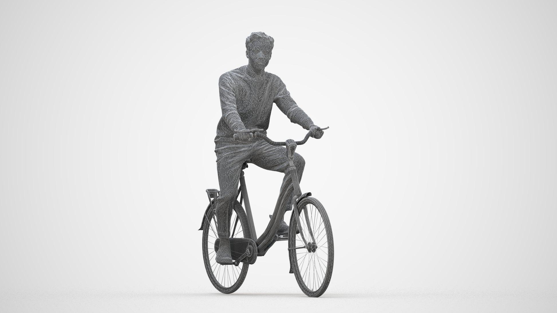 3D human model man casual cycling, photogrammetry scanned person for archviz, wireframe back view