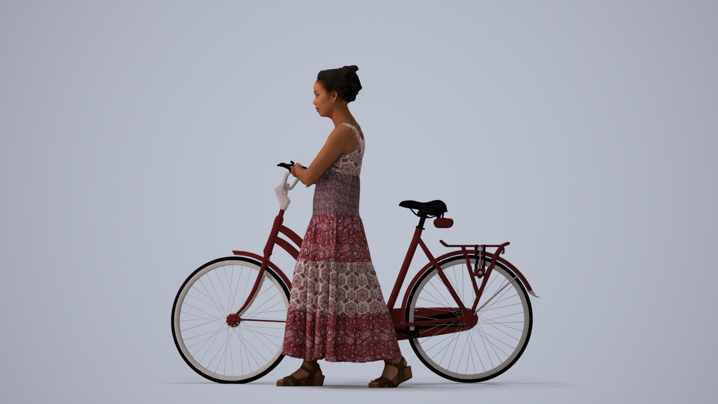 realistic 3D woman casual cycling, scanned archviz people for Blender and 3ds Max, three-quarter view render